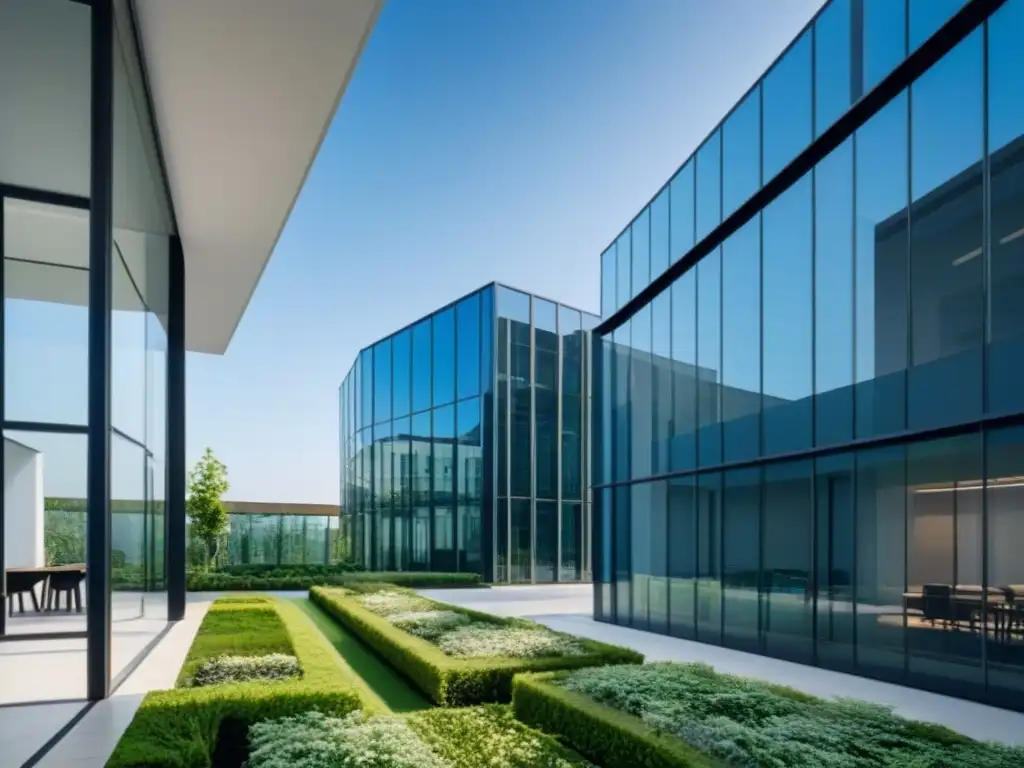 Edificio moderno: sofisticación y éxito en Bienes Raíces Edificio moderno con diseño contemporáneo y jardín en la azotea, reflejando éxito y sofisticación