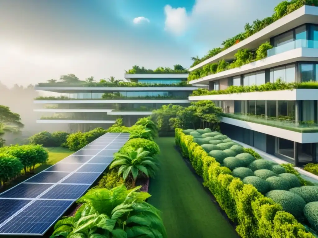 Complejo ecoamigable: diseño innovador y sostenible en edificio verde Edificio moderno con diseño ecoamigable y jardines en azotea rodeado de vegetación