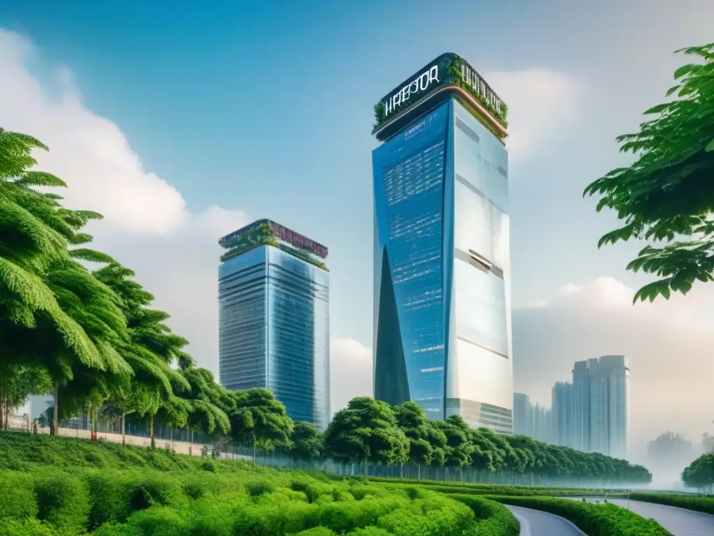 Rascacielos moderno en entorno verde: arquitectura innovadora y sostenible Edificio moderno con diseño innovador y materiales sostenibles en entorno verde