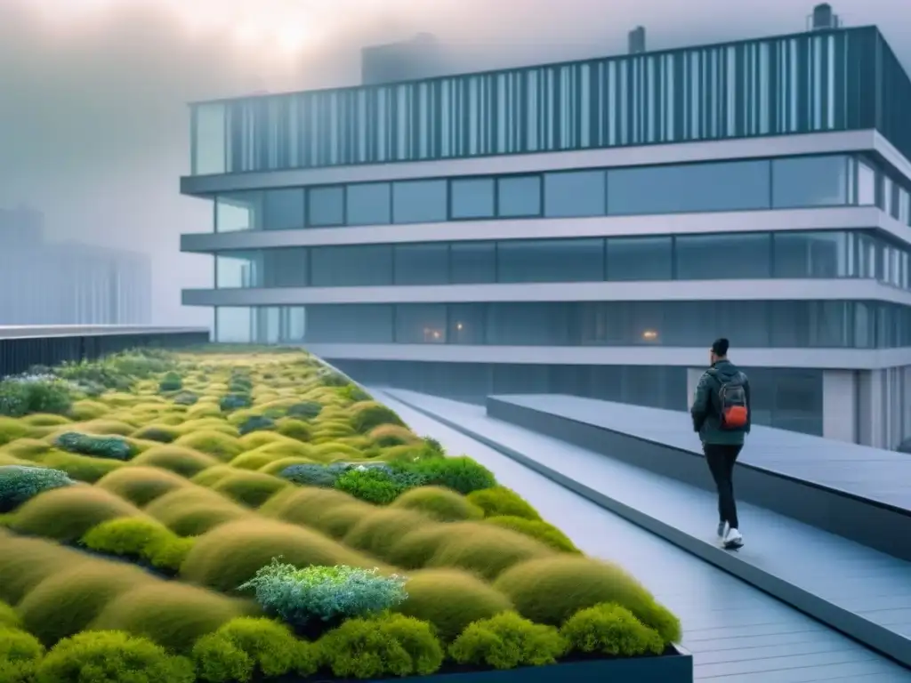 Arquitectura moderna con innovador techo verde: fusión natural Un edificio moderno con diseño innovador de techo verde, destacando la armonía entre naturaleza y arquitectura