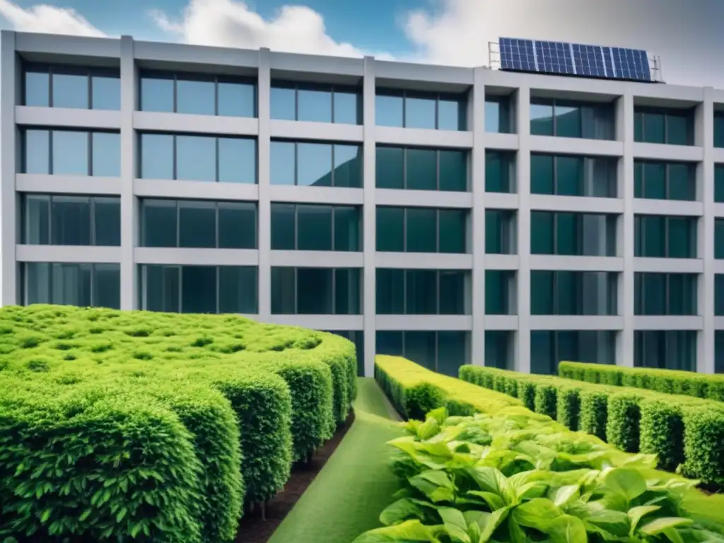 Edificio sostenible: arquitectura moderna y verde en 8k Edificio moderno con diseño sostenible, rodeado de vegetación y paneles solares en el techo