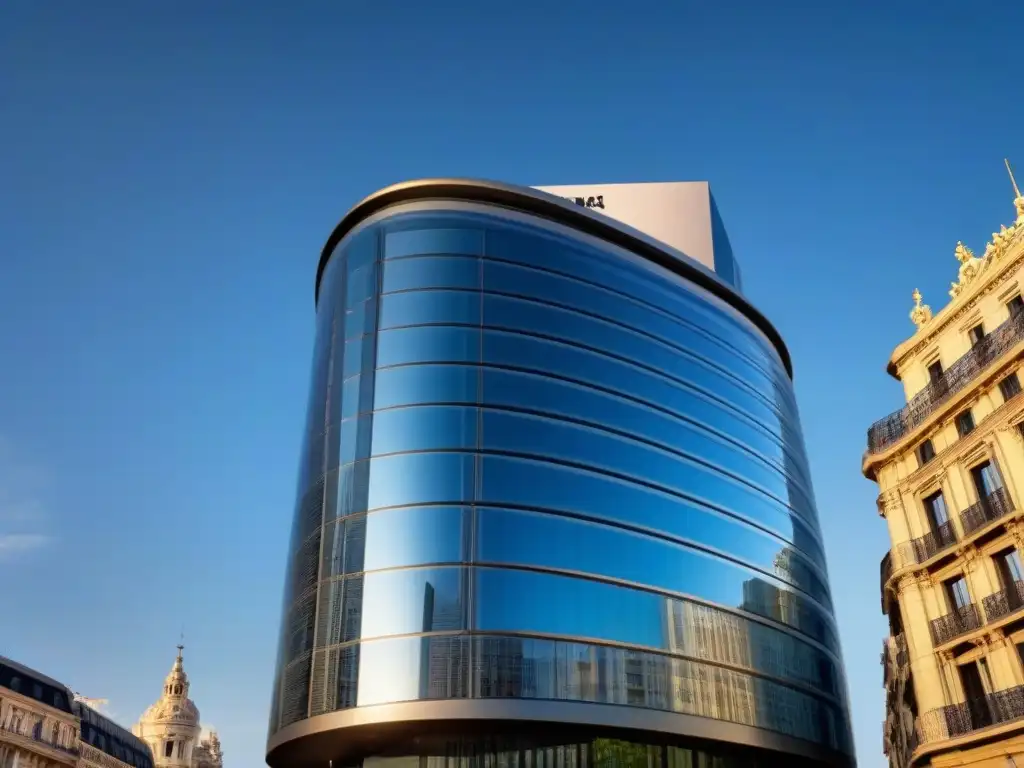 Edificio moderno en Madrid: Impacto de Brexit en mercado inmobiliario Edificio moderno en el distrito financiero de Madrid, reflejando la ciudad y el impacto del Brexit en el mercado inmobiliario de España