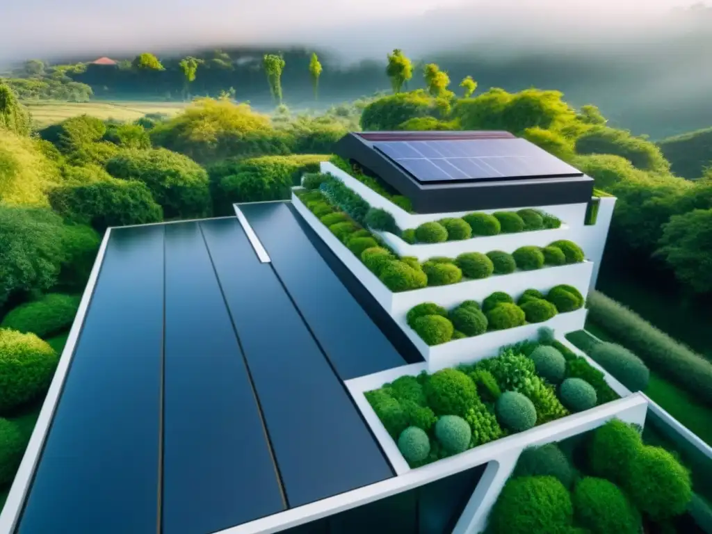 Edificio ecoamigable con jardín verde y paneles solares Edificio moderno y ecológico con Certificaciones verdes en inversión inmobiliaria, rodeado de exuberante vegetación