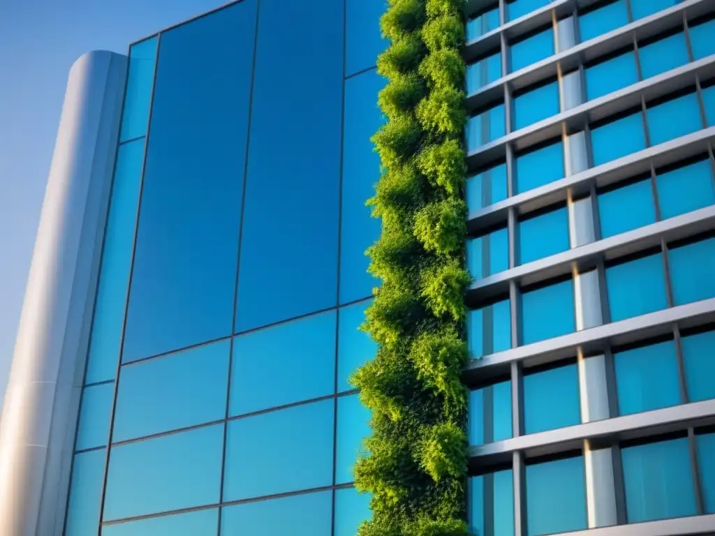Edificio moderno con energía verde en un cielo azul Edificio moderno con eficiencia energética en conservación edificios bajo cielo azul despejado