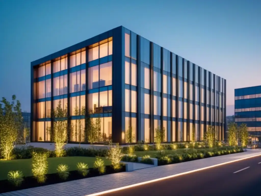 Edificio moderno y sostenible iluminado con luces LED al atardecer Edificio moderno con iluminación eficiente y diseño sostenible al anochecer