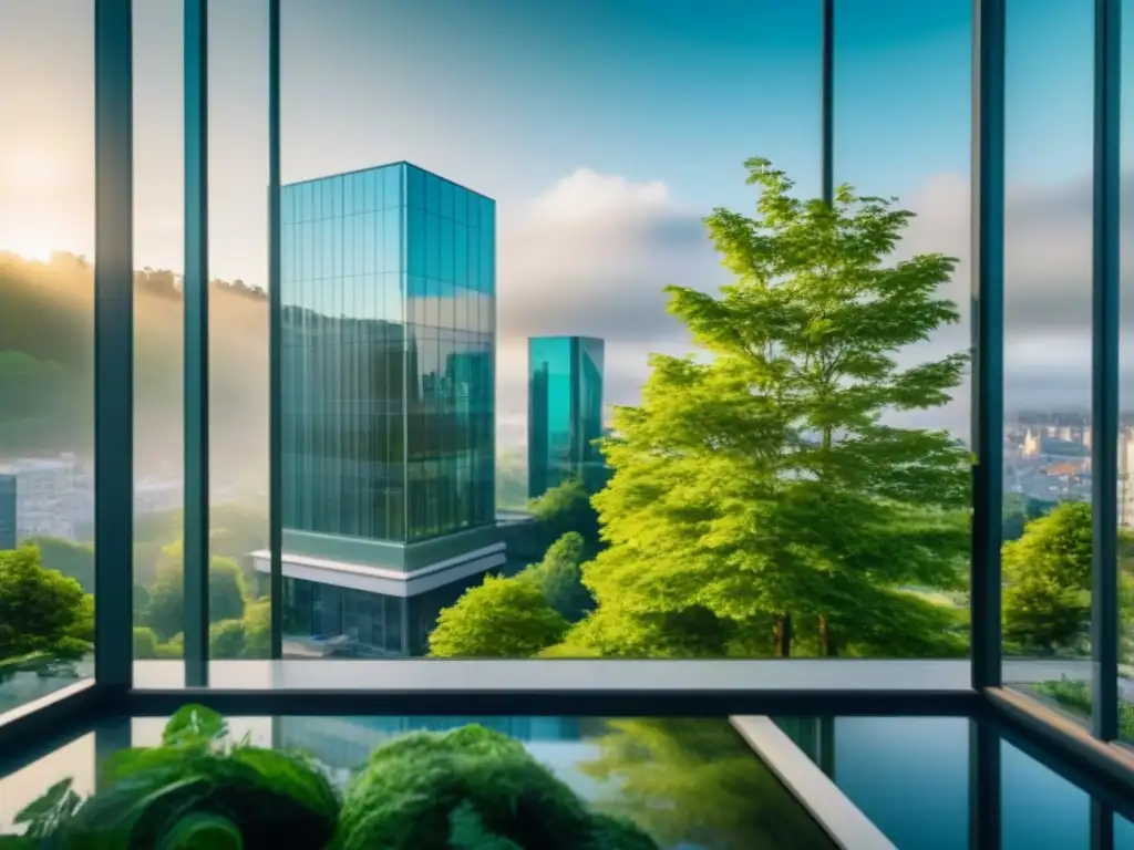 Edificio de oficinas moderno: símbolo de oportunidad en crisis Un edificio moderno con fachada de cristal reflejando la ciudad, rodeado de vegetación exuberante