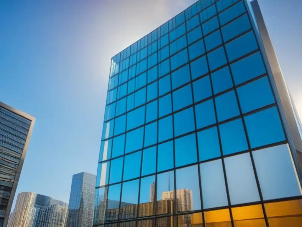 Edificio moderno de cristal: reflejos urbanos en 8k Edificio moderno con fachada de vidrio, reflejando el horizonte urbano