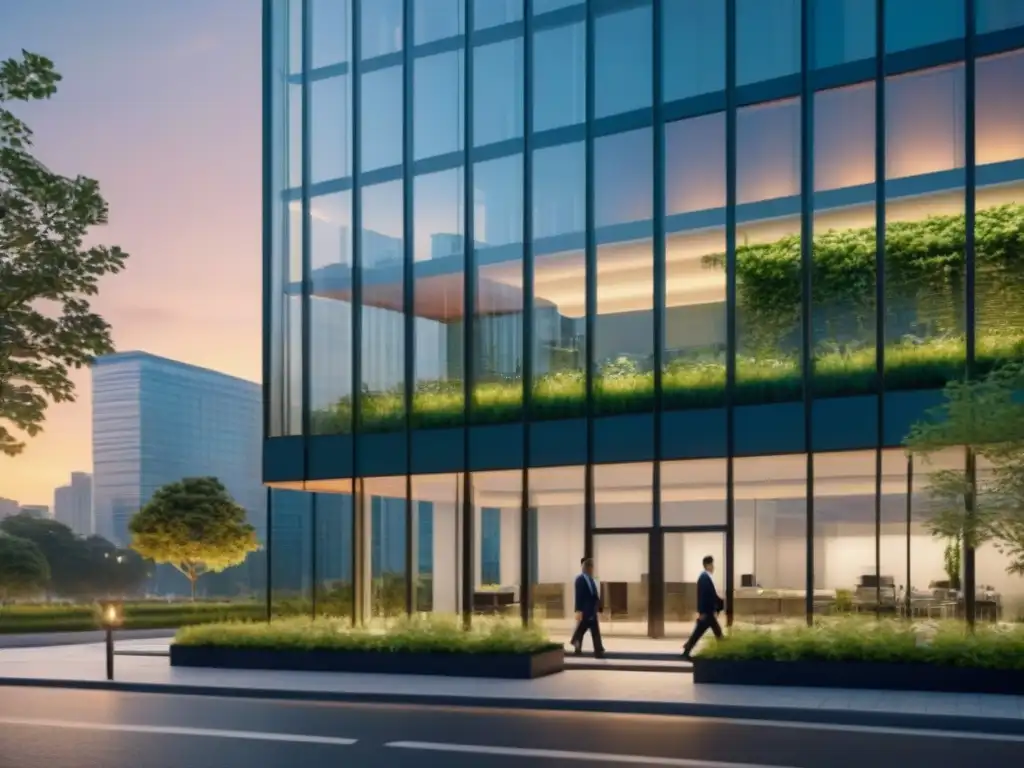 Edificio moderno en vidrio con skyline urbano al atardecer Edificio moderno con fachada de vidrio reflejando la ciudad al anochecer, rodeado de vegetación exuberante y profesionales en trajes de negocios