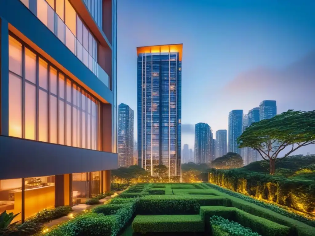 Edificio de lujo en la ciudad de noche: arquitectura contemporánea y éxito Un edificio moderno de gran altura con ventanales de piso a techo reflejando el vibrante paisaje urbano nocturno