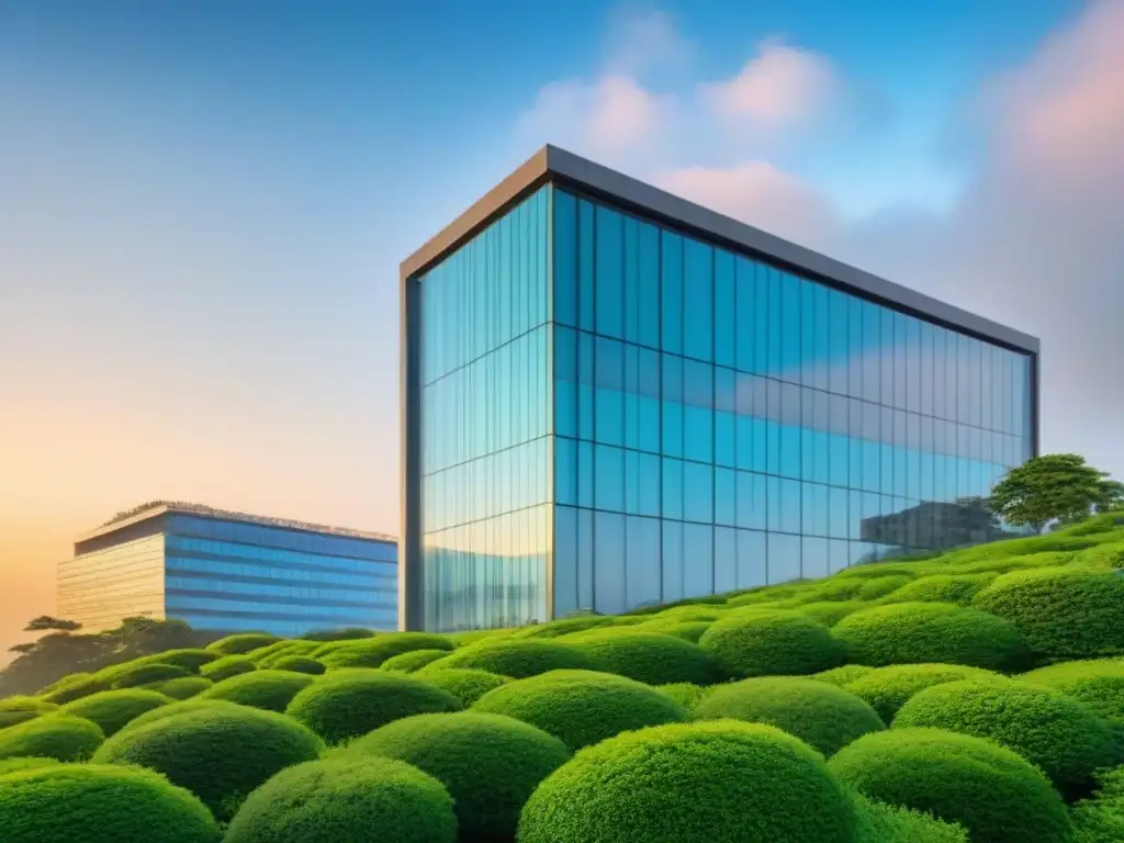 Edificio de oficinas moderno y elegante con vistas a la ciudad al atardecer Edificio moderno con grandes ventanales de vidrio reflejando la ciudad al atardecer, rodeado de vegetación, cielo azul