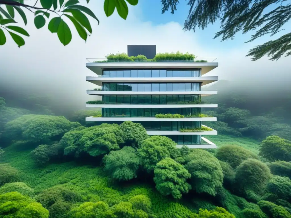 Edificación moderna en paisaje verde: armonía entre urbanismo y naturaleza Edificio moderno integrado en paisaje verde, simbolizando armonía entre urbanismo y conservación