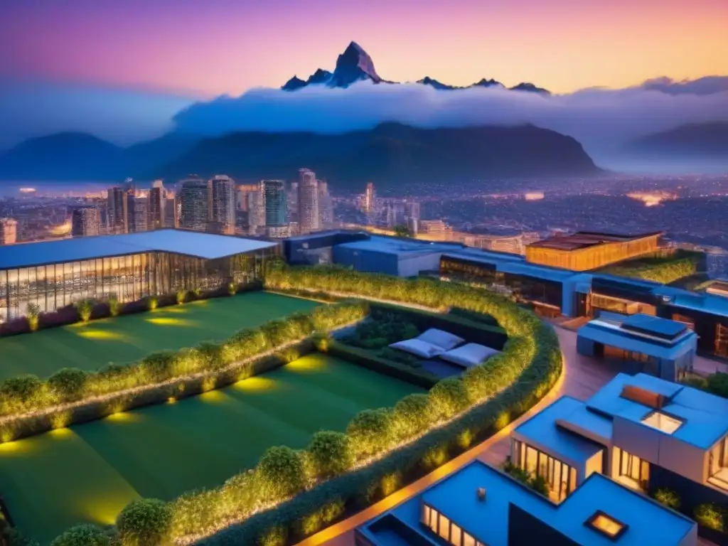 Arquitectura moderna: fusión de naturaleza y diseño urbano Edificio moderno con jardines en la azotea en una ciudad vibrante al atardecer