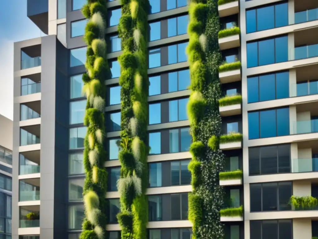 Edificio moderno con jardines verticales: armonía urbana y natural en 8k Un edificio moderno con jardines verticales vibrantes integrados, mostrando la armonía entre naturaleza y arquitectura urbana