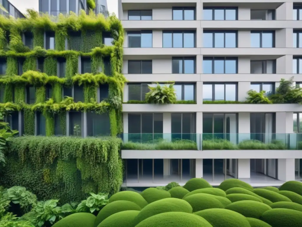 Edificio eco-sostenible: fusión de modernidad y naturaleza Edificio moderno con jardines verticales y tejados verdes, ilustrando la restauración verde en la lucha contra el cambio climático