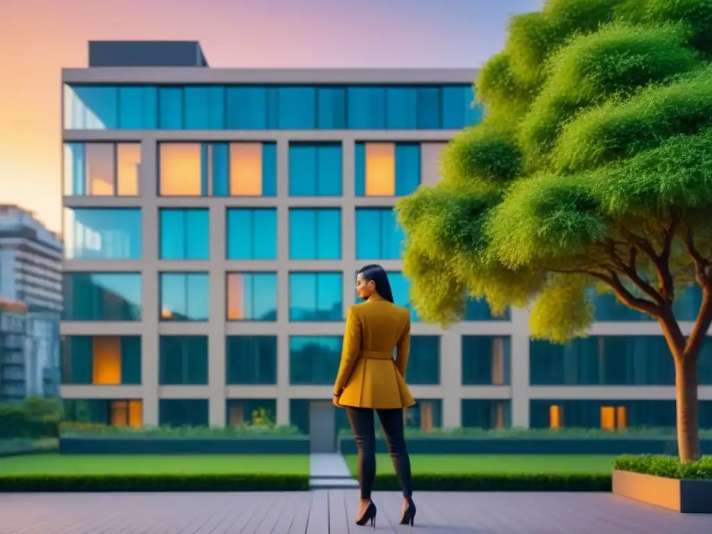 Edificio de lujo al atardecer: seguro, elegante y moderno Un edificio moderno de lujo al atardecer, con amplias ventanas y un entorno verde