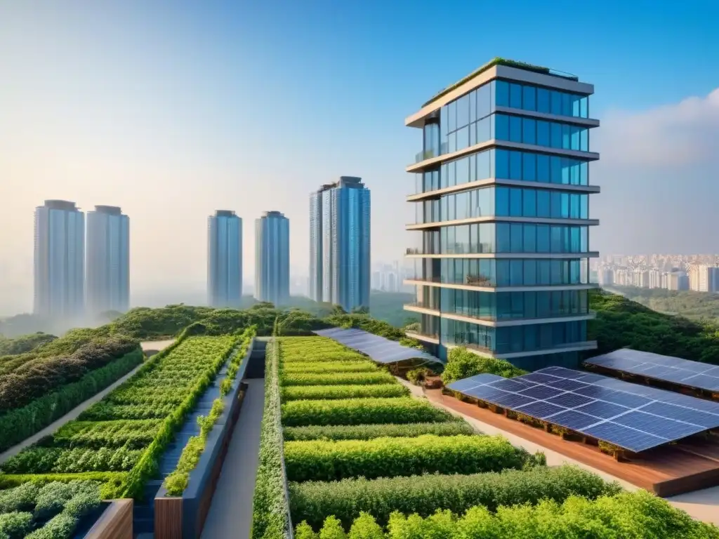 Edificio moderno sostenible con jardín en la azotea y paneles solares Edificio moderno de lujo con jardín en la azotea y paneles solares reluciendo bajo el sol, rodeado de vegetación y la bulliciosa ciudad abajo