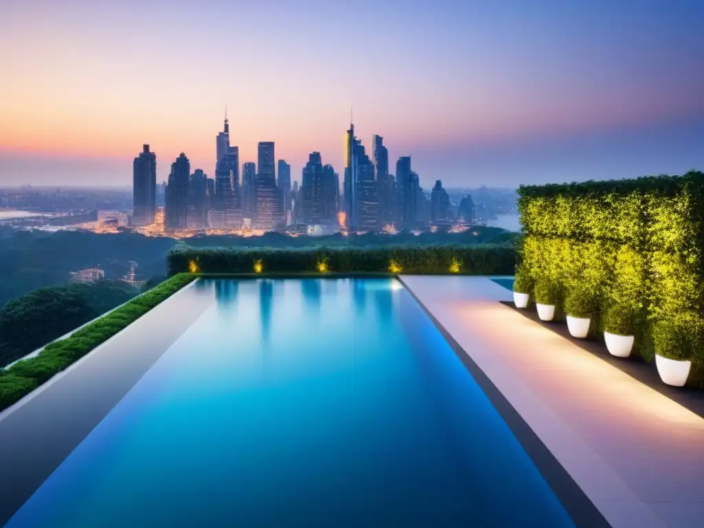Edificio de lujo con jardín en la azotea y piscina infinita al atardecer Edificio moderno de lujo con diseño sofisticado y jardín en la azotea, ideal para estrategias inversión bienes raíces pasivas