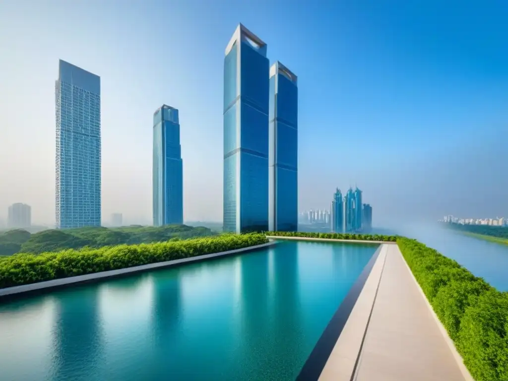 Rascacielos moderno de lujo en entorno exclusivo y elegante Edificio moderno de lujo rodeado de vegetación exuberante y una característica de agua, reflejando exclusividad y elegancia