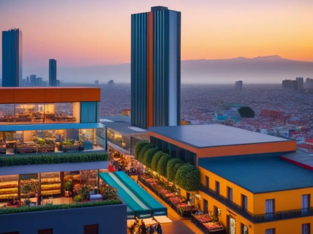 Arquitectura moderna en México: lujo y vida urbana Edificio moderno de lujo en México con ventanales que reflejan el atardecer y la dinámica vida urbana