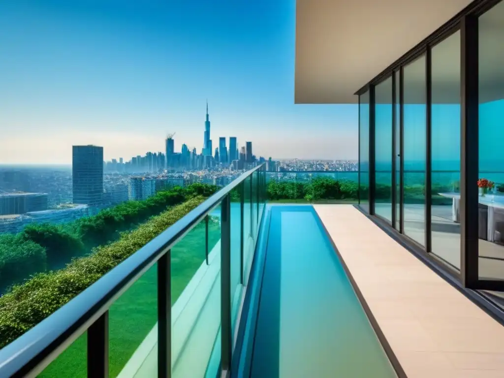 Edificio de lujo con vistas a la ciudad internacional Edificio moderno de lujo con vista panorámica de ciudad internacional vibrante