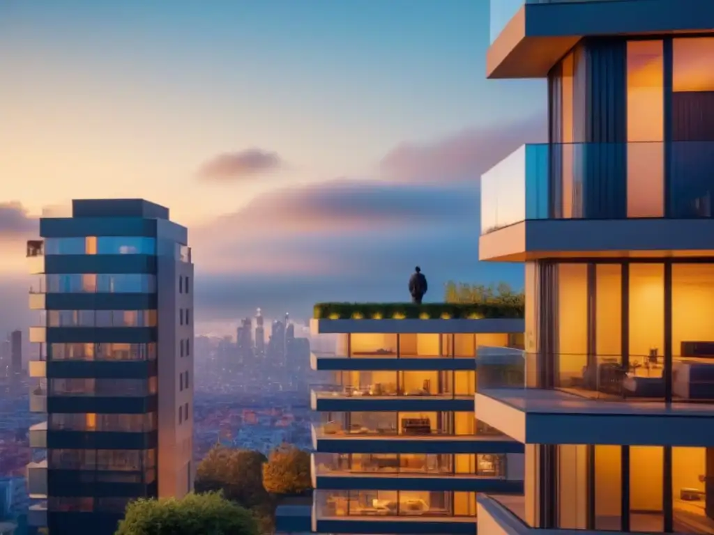 Edificio de lujo al atardecer: arquitectura moderna en la ciudad Un edificio moderno y lujoso al atardecer, reflejando el cielo dorado en sus ventanales de piso a techo