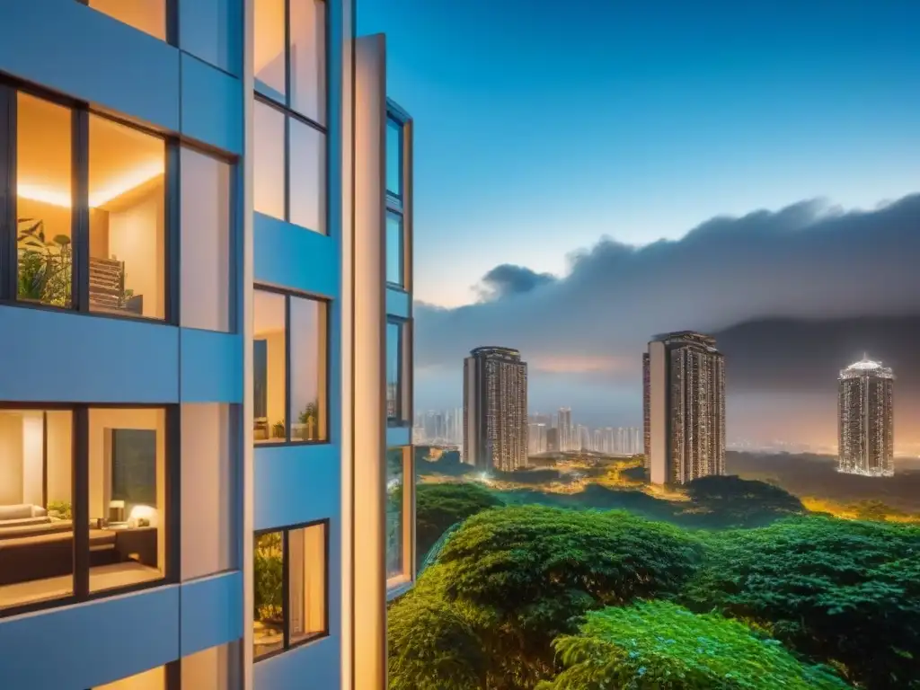 Edificio de lujo con vista nocturna de la ciudad y diseño moderno Edificio moderno y lujoso con ventanales de piso a techo reflejando un vibrante paisaje urbano nocturno, rodeado de vegetación exuberante