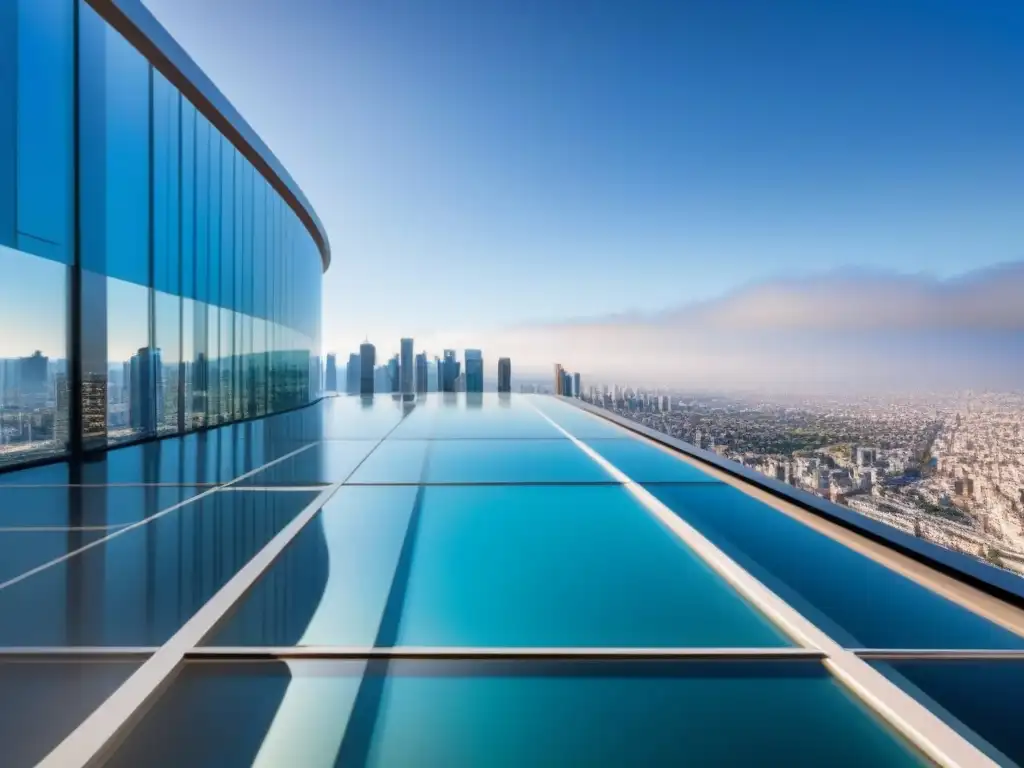 Edificio de oficinas moderno y lujoso en la ciudad Edificio moderno y lujoso con ventanales de piso a techo que reflejan la ciudad