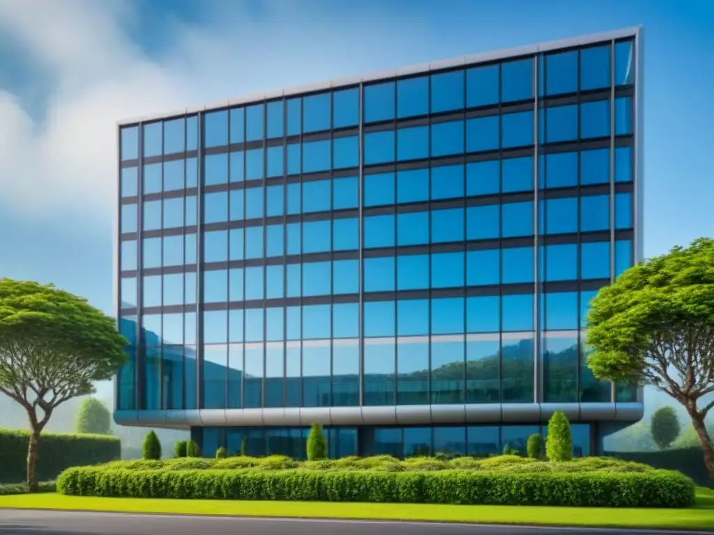 Edificio moderno y elegante: éxito en inversiones inmobiliarias Edificio moderno en medio de exuberante vegetación y cielo azul, reflejando éxito en financiamiento alternativo inversiones inmobiliarias