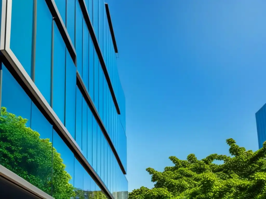 Edificio moderno de oficinas con diseño innovador en 8k Edificio moderno con muros de vidrio, rodeado de vegetación, reflejando la ciudad