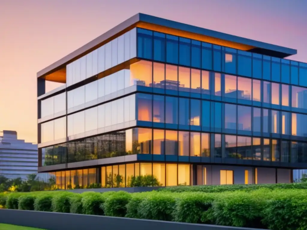 Edificio moderno al atardecer: inversión inmobiliaria Edificio moderno de oficinas al atardecer, reflejando equilibrio rentabilidad riesgo inversiones inmobiliarias