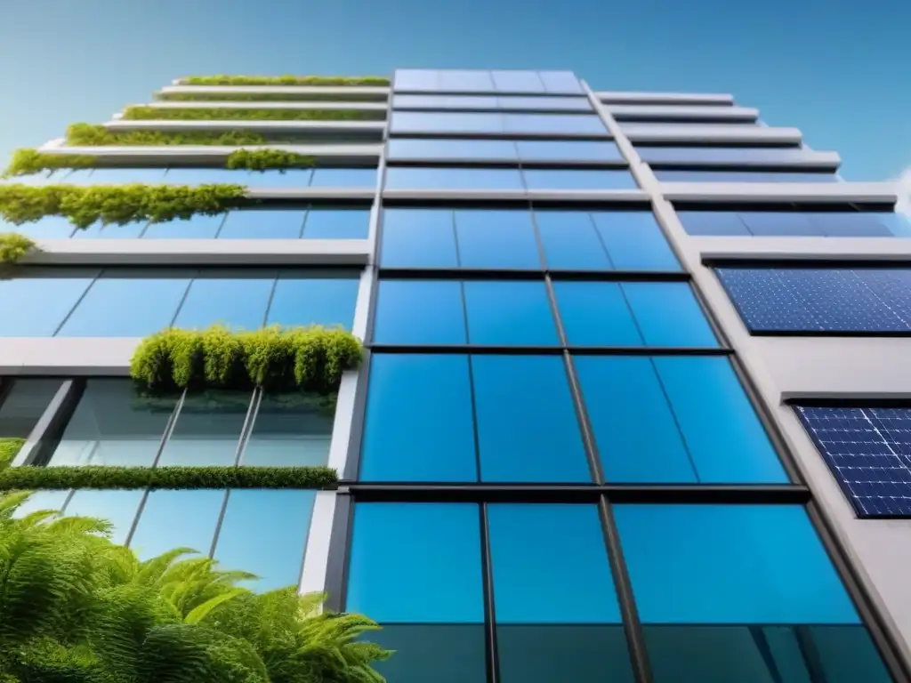 Edificio de oficinas moderno y sostenible en el centro de la ciudad Edificio moderno de oficinas con certificación LEED y paneles solares, reflejando sostenibilidad y valoración propiedades certificaciones verdes