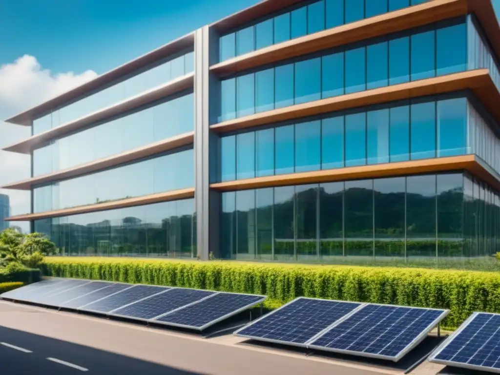 Inversión sostenible: Edificio de oficinas moderno y ecológico en la ciudad Edificio moderno de oficinas rodeado de vegetación, paneles solares brillando en el techo bajo la luz del sol