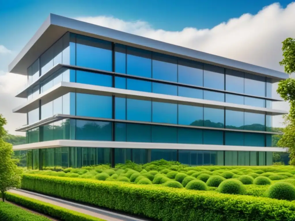 Edificio moderno sostenible: lujo y ecología en inversión inmobiliaria Edificio moderno de oficinas con ventanales de piso a techo, rodeado de vegetación y paneles solares en el techo, simbolizando Certificaciones verdes en inversión inmobiliaria