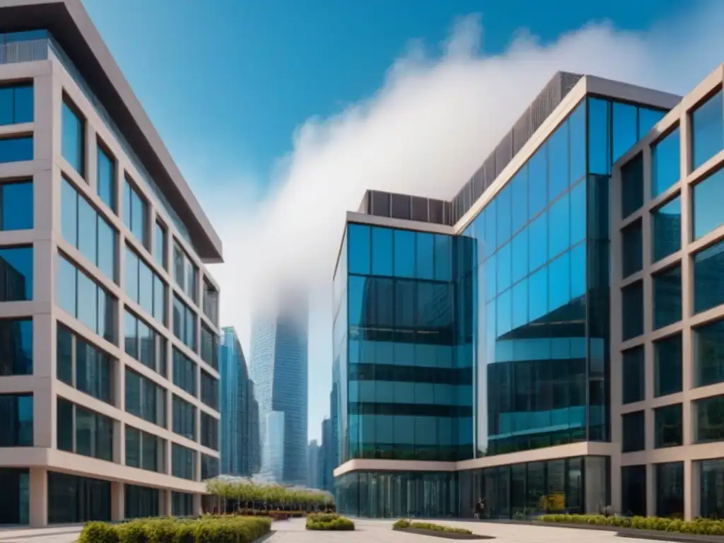 Edificio moderno de oficinas con ventanales de piso a techo reflejando el paisaje urbano, destacando la mezcla entre naturaleza y arquitectura urbana