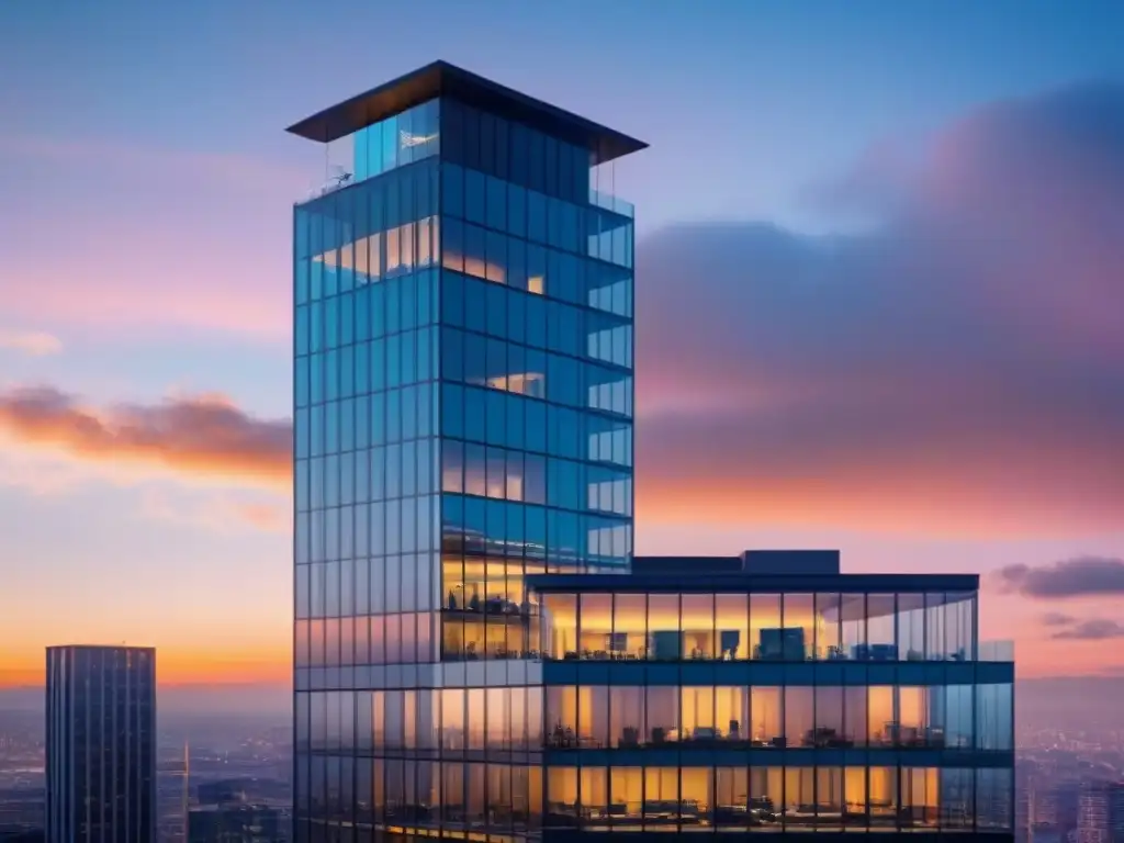 Edificio de oficinas moderno al atardecer: inversión inmobiliaria rentable Edificio moderno de oficinas con vidrio reflectante del skyline urbano al atardecer, equilibra rentabilidad y riesgo en inversiones inmobiliarias