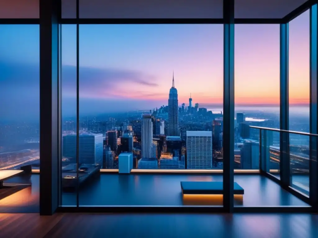 Edificio de oficinas moderno y sofisticado en la ciudad al atardecer Edificio moderno de oficinas con vidrios de piso a techo reflejando una ciudad vibrante al atardecer, iluminado con calidez