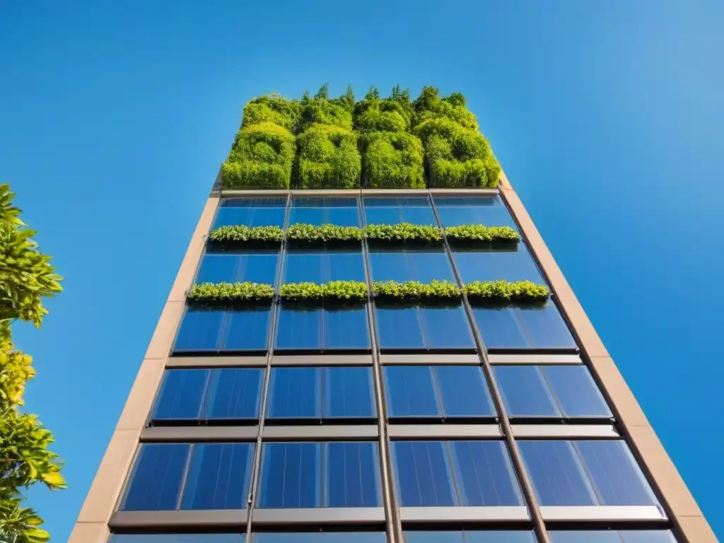 Edificio moderno con paneles solares y diseño sostenible Un edificio moderno con paneles solares en el techo, rodeado de vegetación, cielo azul