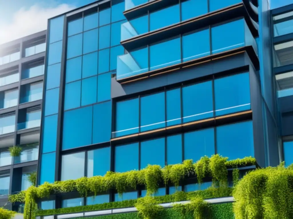 Edificio moderno sostenible rodeado de naturaleza y paneles solares Edificio moderno con paneles solares, diseño sostenible y naturaleza exuberante, ideal para estrategias de inversión inmobiliaria sostenibles