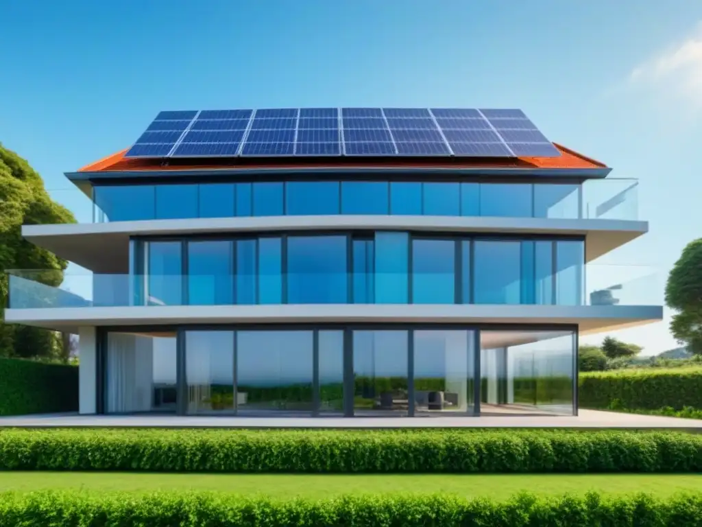 Edificio moderno y sostenible con paneles solares y vegetación exuberante Edificio moderno con paneles solares, rodeado de vegetación bajo cielo azul