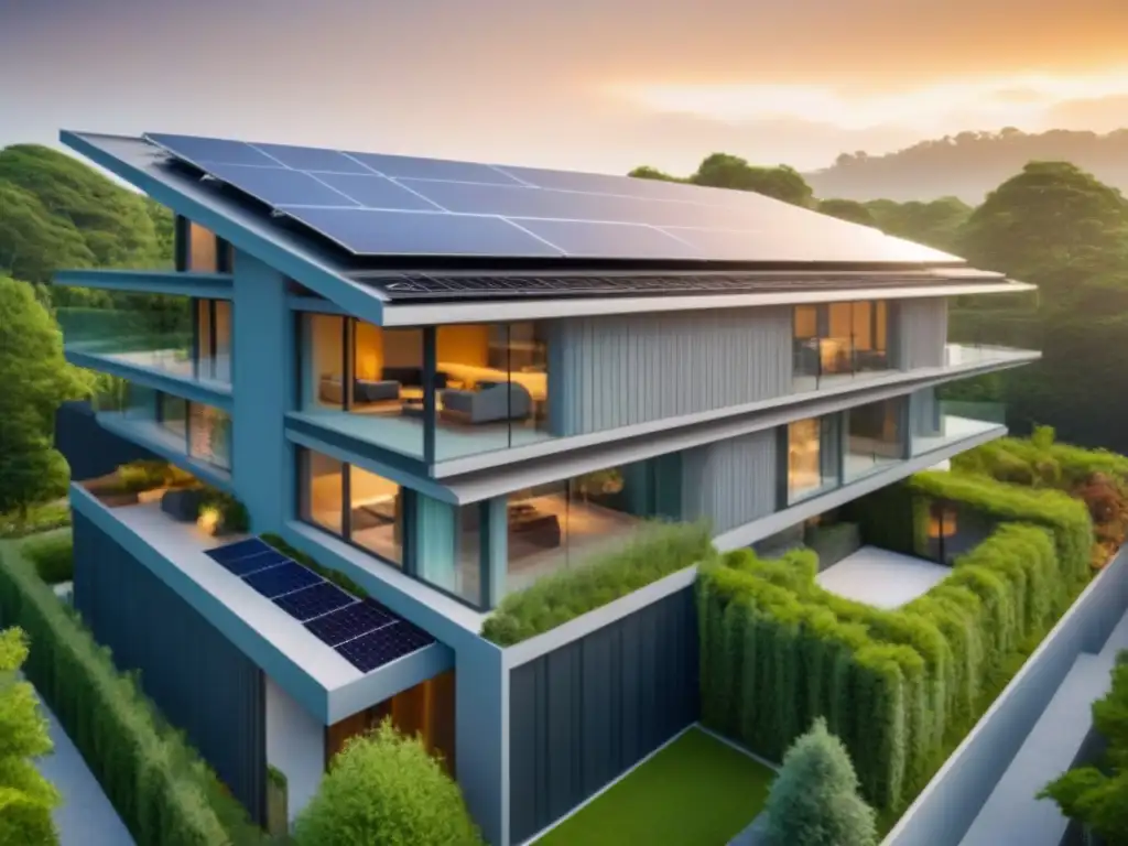 Edificio moderno con paneles solares integrados: innovación sostenible Edificio moderno con paneles solares integrados, resaltando la energía solar en construcción verde