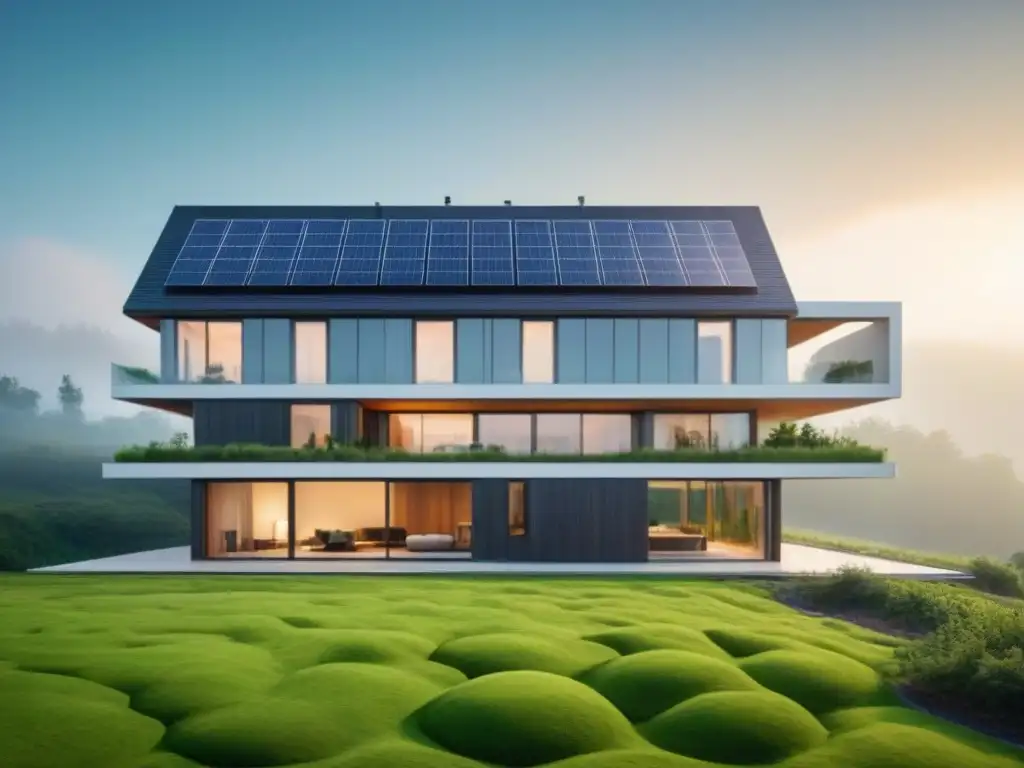Arquitectura verde: Edificio moderno con paneles solares Edificio moderno con paneles solares integrados, iluminado por el sol, rodeado de naturaleza