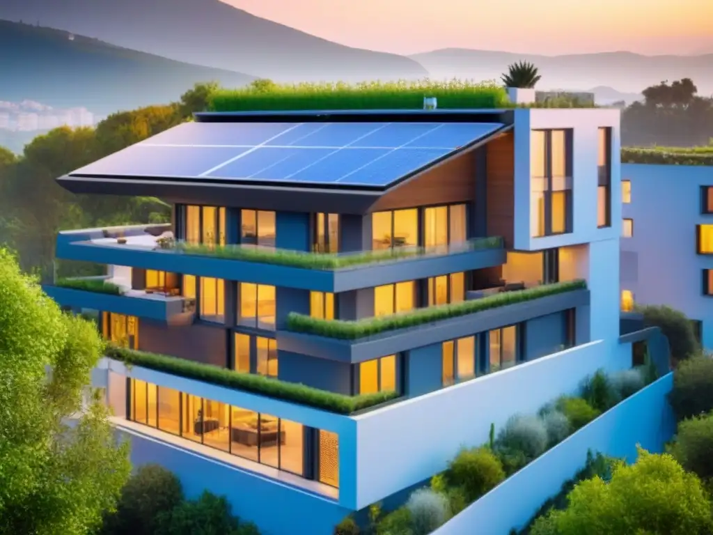 Edificio eco-sostenible en España: diseño moderno y verde Edificio moderno en España con paneles solares, jardín verde en la azotea y diseño ecofriendly, viviendas sostenibles mercado español