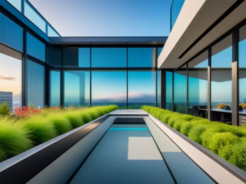 Estrategia de leaseback exitosa: edificio moderno con jardín en la azotea Edificio moderno con paredes de vidrio y jardín verde en la azotea, reflejando la estrategia leaseback liberar capital en bienes raíces