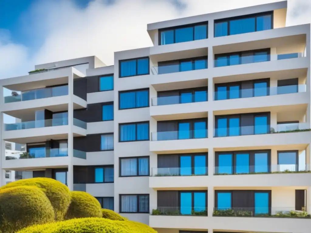 Edificio moderno en Uruguay con propiedades en alquiler, balcones y vegetación