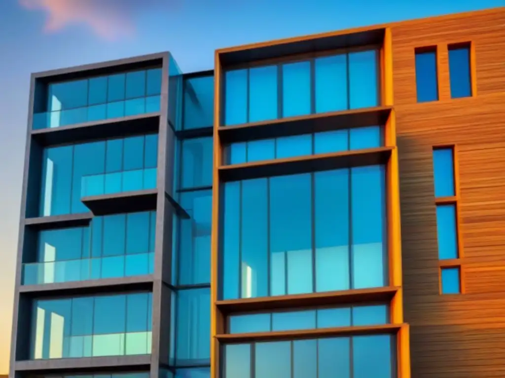 Edificio moderno de materiales reciclados: belleza sostenible en 8k Edificio moderno de reciclaje en construcción sostenible con texturas y colores diversos