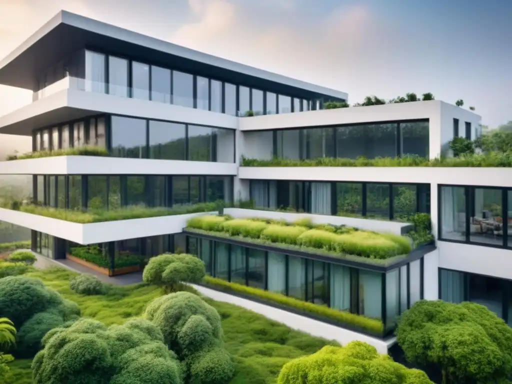 Arquitectura sostenible: Edificio moderno en armonía con la naturaleza Un edificio moderno rodeado de vegetación, fusionando arquitectura y naturaleza en restauración de edificios educación ambiental
