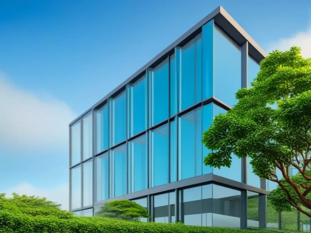 Edificio moderno en ciudad: inversión a largo plazo Un edificio moderno rodeado de vegetación, reflejando un cielo azul claro