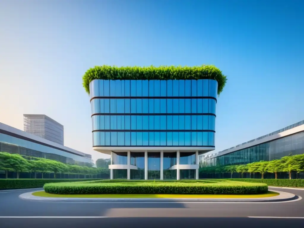 Edificio de oficinas moderno y elegante en entorno natural Edificio moderno rodeado de vegetación, cielo azul