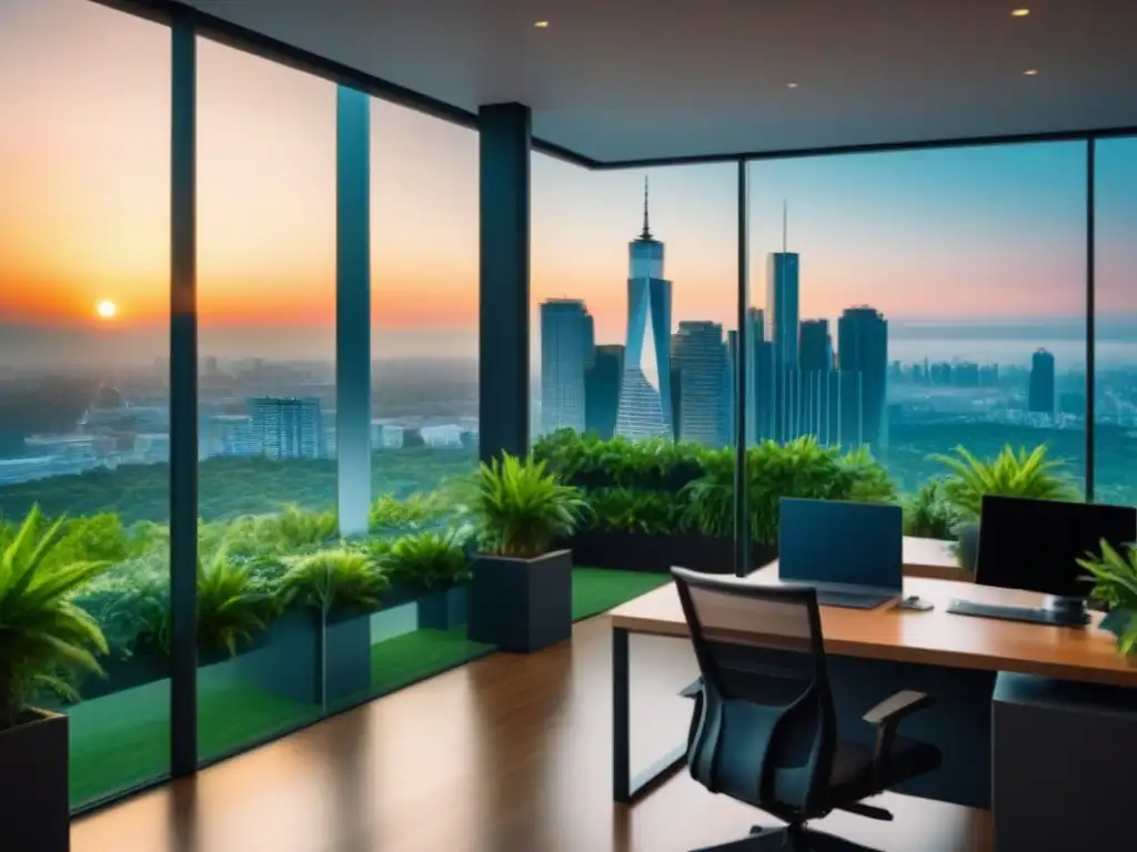 Edificio ecológico en ciudad vibrante al atardecer Edificio moderno rodeado de vegetación, reflejando la ciudad al atardecer
