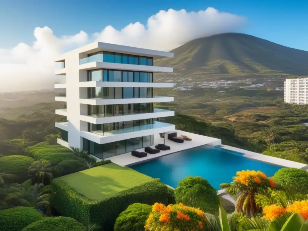 Edificio de lujo entre exuberante vegetación en zona restringida de México Edificio moderno rodeado de exuberante vegetación en zona restringida en México, reflejando lujo y exclusividad